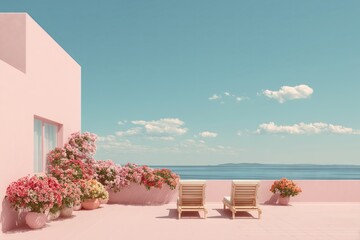 Obraz premium Minimalist pink terrace with flowers and sea view