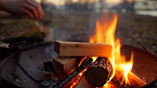 Wood burning in a fire pit