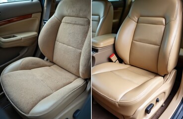 Fototapeta premium Split image shows dirty car before cleaning and after cleaning. Comparing dusty fabric to smooth leather upholstery transformation. Beige interior looks new and shiny after detail service.