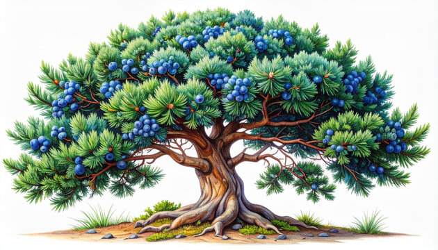 Magnificent juniper tree illustration hand drawn style