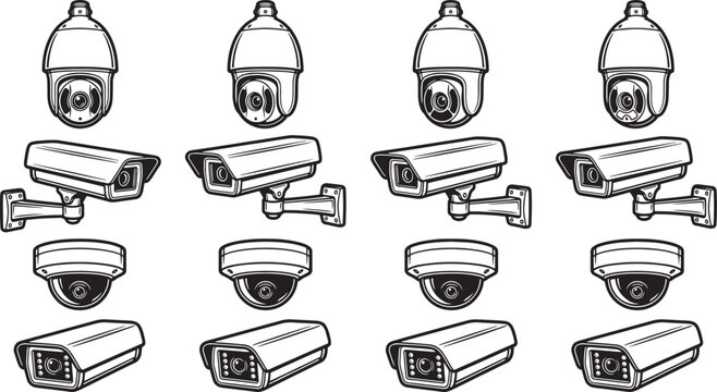 A collection of detailed black and white security cameras, showcasing various types ready to protect and watch everything, demonstrating surveillance technology and public safety.