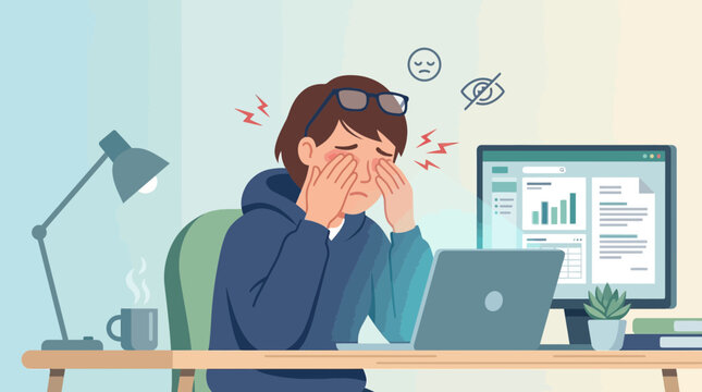 Remote Work Burnout and Eye Strain Illustration of Stressed Worker