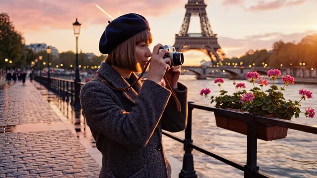 Woman tourist takes photo near Eiffel Tower in Paris. Photographer holds camera at sunset. Young woman wearing beret snaps picture. Traveler enjoys Paris sunset with camera. Tourist visits Paris city.
