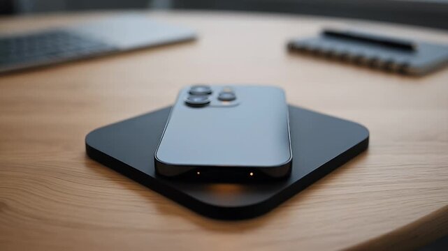 Sleek smartphone charging wirelessly on a black pad on wooden desk