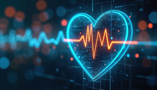 Digital heart shows EKG pulse waveform and vital signs. Futuristic health tech monitor displays medical data. Future of cardio research and patient care.