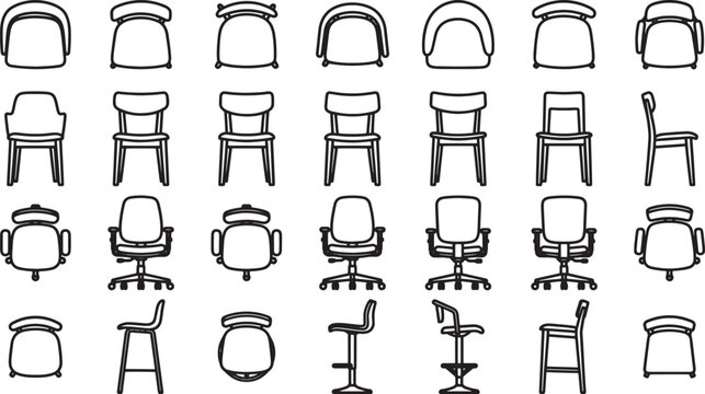 A comprehensive display showcasing various chair designs and styles, presented in a clean line-art format for a wide range of illustrative applications.