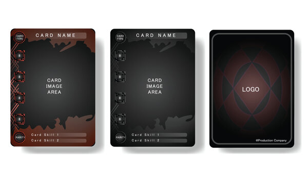 Modern trading card template with a clean, dark, and professional design. This set includes front and back card layouts with space for card name, image, skills, stats, and logo.