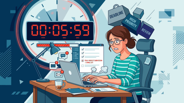 Stressed woman facing remote work burnout under tight deadline