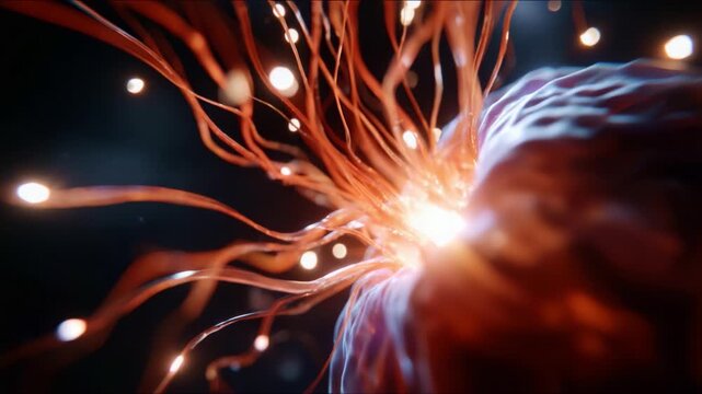 Dynamic Close-Up Visualization of Neural Activity with Glowing Tendrils, Capturing the Essence of Biological Interaction in a Vibrant, Abstract Representation