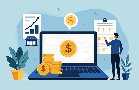 Man analyzes finance data on laptop with coins and graphs. Small business growth chart shows loan opportunities and financial planning success. Investment strategy for capital.