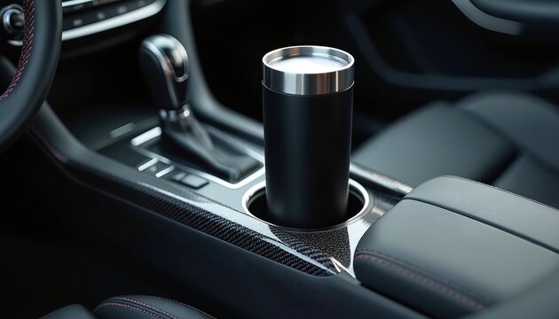 Black insulated travel tumbler sits in a carbon fiber car cup holder. Inside modern car interior, driver accessories, auto comfort. Clean luxury vehicle.