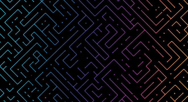 Vibrant neon lines form a complex maze pattern on a dark background