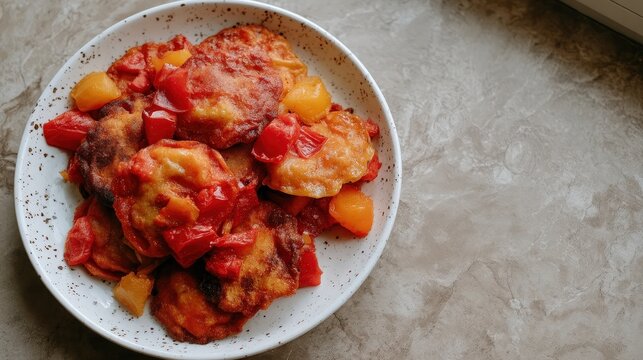 Gyoza ravioli are arranged on a ceramic plate. They are filled with eggplant, carrots, and onion. Mung bean pancakes sit in the background