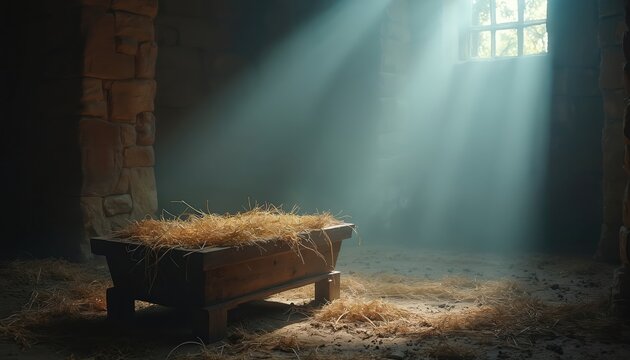 Empty manger with straw in dark stable beams light. Wooden crib rests on ground in Bethlehem barn. Symbolizes nativity scene spiritual hope, peaceful waiting.