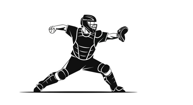 Stylized black and white illustration of a baseball catcher in full gear, preparing to throw the ball during a game.