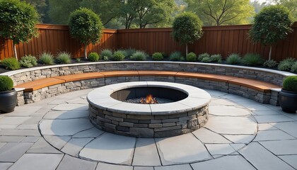 Obraz premium Circular stone fire pit with built in wooden bench seating. Backyard patio design with manicured plants and trees. Outdoor living space for family gathering and relaxation.