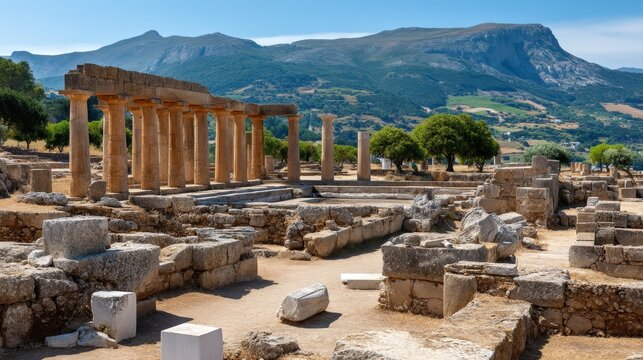 Ruins of an ancient military camp show stone structures and pillars under the blue sky with olive trees nearby and a cistern in front