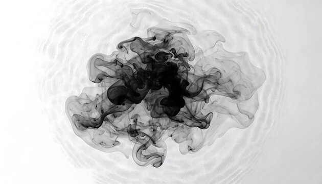 A close up motion shot of black and white currants merging with flowing ink and liquid paint drops to create an artistic smoke pattern
