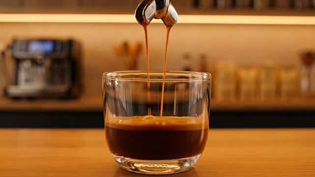 Fresh espresso pouring into glass cup, professional coffee machine brewing hot dark caffeine drink, warm morning cafe atmosphere