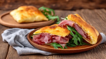 Obraz premium This sandwich is packed with fish, fresh tomatoes, and pickles on soft bread, placed on a wooden table with a striped napkin