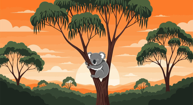 Cute Koala Bear Clinging to Eucalyptus Tree Trunk.