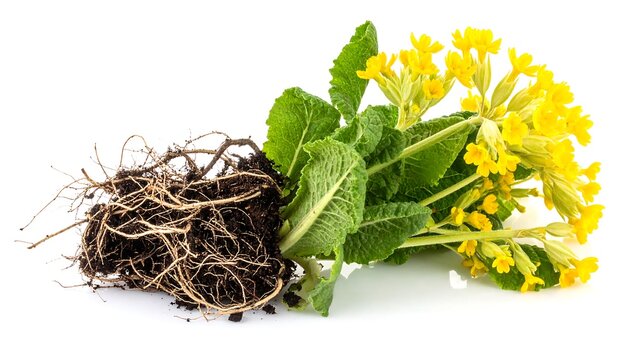 Close-up of a cowslip plant. It has bright yellow flowers, green leaves, and exposed roots