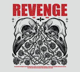 Obraz premium Vector illustration distortion artwork two bird skulls with thorny roses and the word 