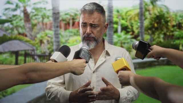Man speaking into microphone in park with clasped hands as reporters hold mics around him; concern accountability.