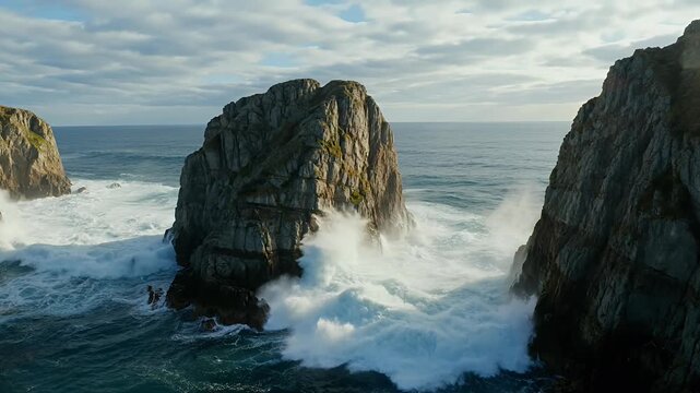 Dramatic ocean waves crashing against coastal cliffs, powerful sea surf hitting rocky formations, majestic maritime landscape with white foam and blue water