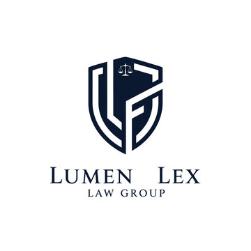 Modern blue "Lumen Lex" law group shield logo with abstract scales of justice, designed on an isolated white background.