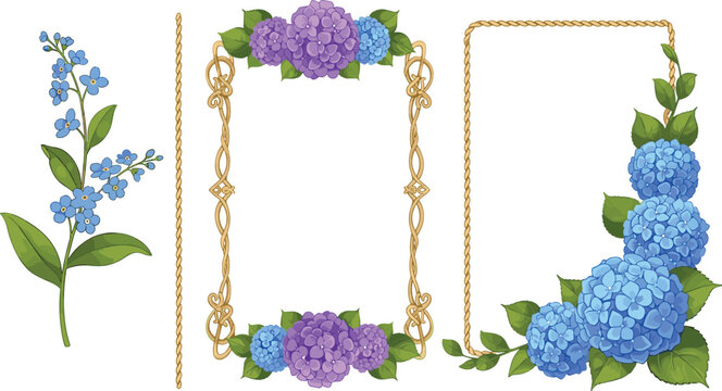 Floral Frame and Border Vector Illustrations with Blue and Purple Hydrangea Flowers, Leaves, and Decorative Elements for Wedding and Nature Designs
