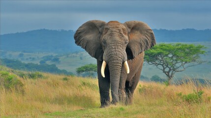 Fototapeta premium Majestic African elephant with large, fanning ears and ivory tusks walks across a golden savanna landscape under a cloudy sky.