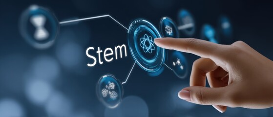 A hand touches the word stem on a screen surrounded by technology and education icons with data flowing in the background