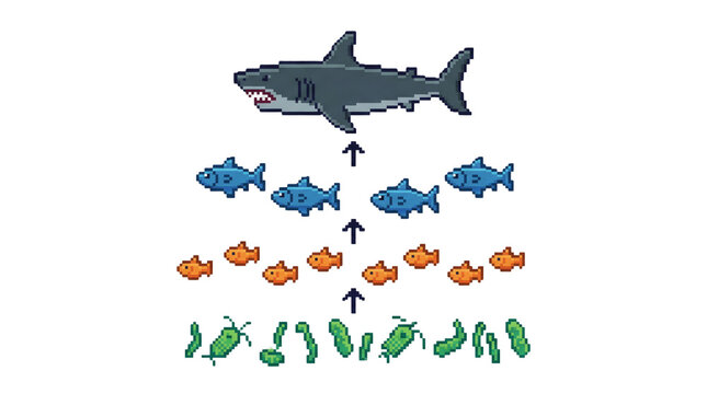 An 8-bit pixel art of a busy underwater food chain scene, showing plankton, small fish, medium fish, and a large predator. 