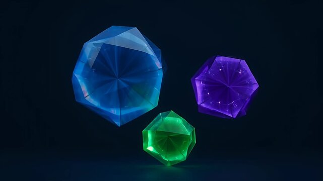 Three shimmering gemstone crystals on a dark background in blue, green, and purple