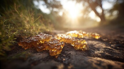 Fototapeta premium Golden Honey Fluid Spreading Slowly on Textured Ground Illuminated by Warm Sunlight