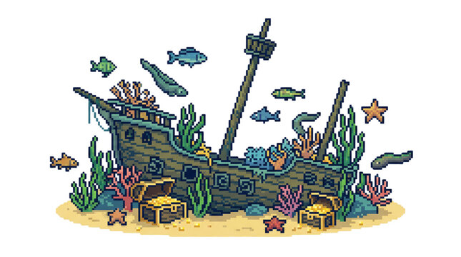 An 8-bit pixel art of a sunken pirate ship underwater, covered in corals, seaweed, and treasure chests, surrounded by fish, eels, and starfish. 