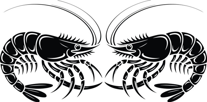 Black shrimp silhouettes pair, detailed vector illustration of crustaceans facing each other, seafood animal design isolated on white background for logo, icon, packaging, and branding