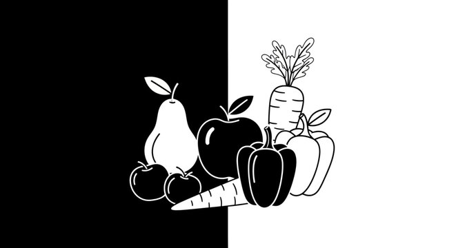A black and white line drawing of various fruits and vegetables.
