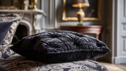 Naklejka premium Deep Button Tufted Black Velvet Cushion Enhancing Luxurious Home Interior With Ornate Details