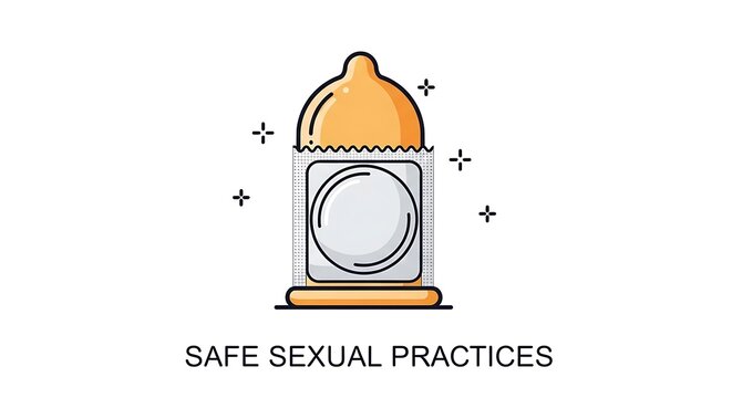 A stylized icon illustration of a condom in a square wrapper representing safe sexual practices