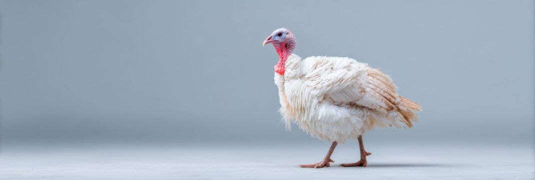 White domestic turkey walking left profile isolated on cool gray background farm bird with red wattle and textured plumage
