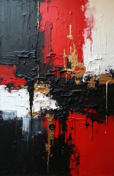 Textured abstract painting features bold black red white and gold colors. Thick paint strokes create a dynamic energetic composition suitable for modern decor backgrounds.