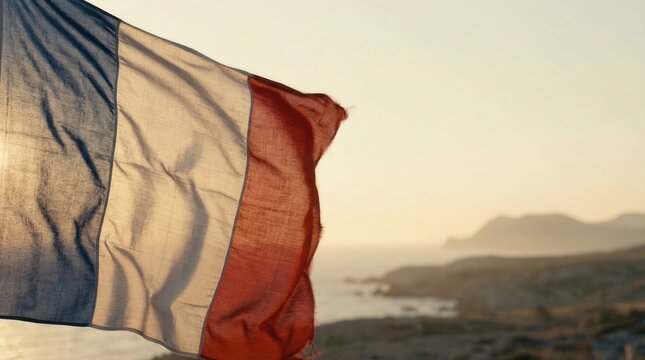 French national flag waving in the wind with a scenic lighthouse and coastal landscape at sunset