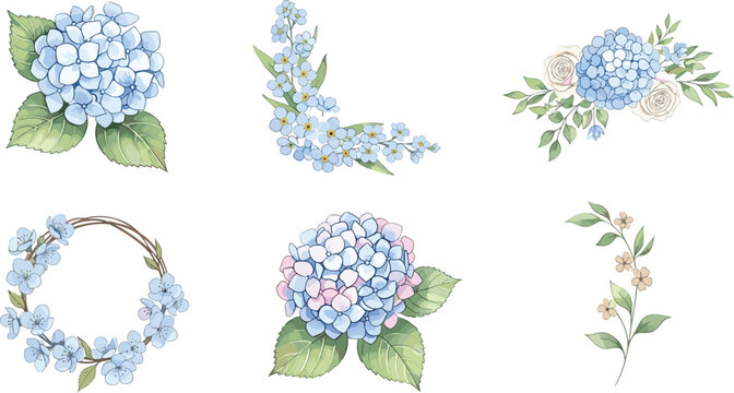 Collection of Blue Hydrangea Flower Vector Illustrations with Floral Arrangements, Wreaths, and Leaves for Botanical and Nature Designs