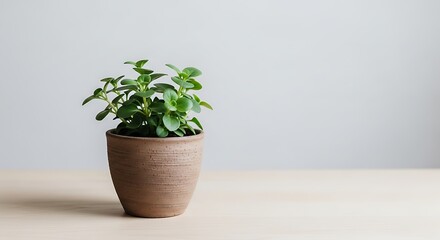 Fototapeta premium Small green plant in brown pot on wooden table interior
