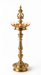 Obraz premium polished brass nilavilakku lamp with glowing flames traditional indian oil lamp isolated on white