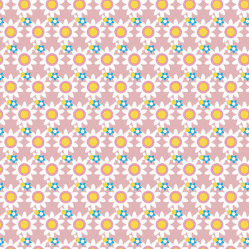 Pink floral pattern with yellow daisies and blue details