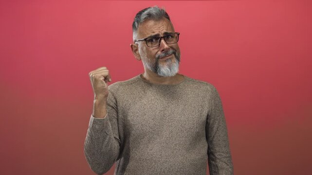 Man with gray beard and glasses wearing a brown sweater showing thumbs up and clenched fist in a pink studio; skepticism.