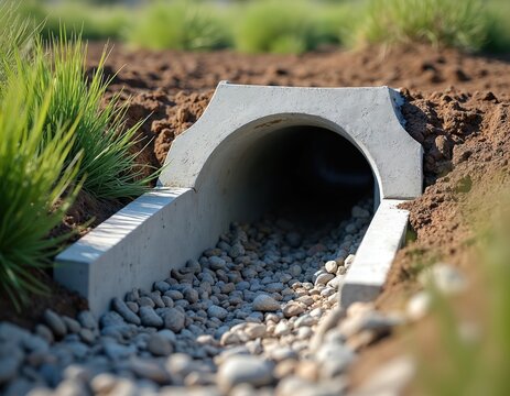 Concrete headwall and drainage pipe installed in soil with gravel. Water management infrastructure for erosion control. Rural or suburban outdoor scene with green grass.
